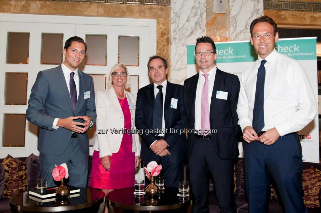 Dominik Hojas (DerBörsianer), Elisabeth Stadler (VIG), Wolfgang Matejka (Wiener Privatbank), Robert Senz (Erste Asset Management), Andreas Brandstetter (Uniqa) : Q-Check 26.0 Roadshow - nach dem Brexit: Auf der Suche nach Rendite : Fotocredit: DerBörsianer , © Aussender (13.07.2016)