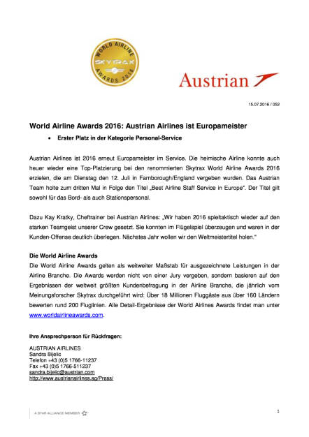 Austrian Airlines: Skytrax Awards, Seite 1/2, komplettes Dokument unter http://boerse-social.com/static/uploads/file_1427_austrian_airlines_skytrax_awards.pdf (15.07.2016) 