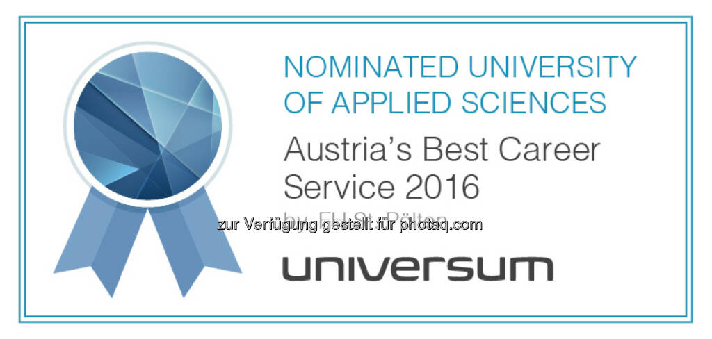 Universum Survey 2016 : 2. Platz für das Alumni und Career Center der FH St. Pölten bei Universum-Umfrage 2016 : Fotocredit: Universum Survey, © Aussendung (20.07.2016) 