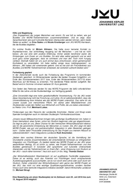 JKU: MORE-Projekt bietet Uni-Zugang für Flüchtlinge, Seite 2/3, komplettes Dokument unter http://boerse-social.com/static/uploads/file_1466_jku_more-projekt_bietet_uni-zugang_fur_fluchtlinge.pdf (22.07.2016) 