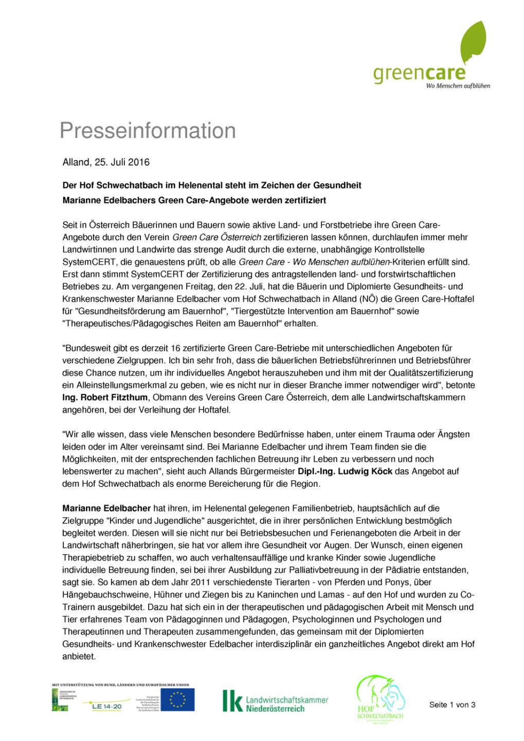 Green Care &Ouml;sterreich: Hof Schwechatbach im Helenental, Seite 1/3, komplettes Dokument unter http://boerse-social.com/static/uploads/file_1479_green_care_osterreich_hof_schwechatbach_im_helenental.pdf