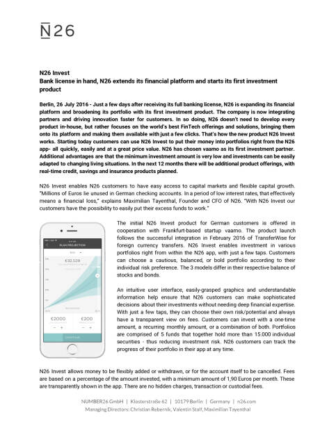 N26 offers first investment product on their financial plattform, Seite 1/2, komplettes Dokument unter http://boerse-social.com/static/uploads/file_1484_n26_offers_first_investment_product_on_their_financial_plattform.pdf (26.07.2016) 