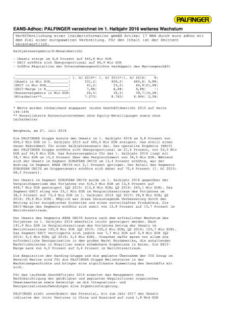Palfinger verzeichnet im 1. Halbjahr 2016 weiteres Wachstum, Seite 1/2, komplettes Dokument unter http://boerse-social.com/static/uploads/file_1497_palfinger_verzeichnet_im_1_halbjahr_2016_weiteres_wachstum.pdf (27.07.2016) 