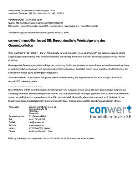 conwert Immobilien Invest SE: Erneut deutliche Wertsteigerung des Gesamtportfolios, Seite 1/1, komplettes Dokument unter http://boerse-social.com/static/uploads/file_1500_conwert_immobilien_invest_se_erneut_deutliche_wertsteigerung_des_gesamtportfolios.pdf (27.07.2016) 