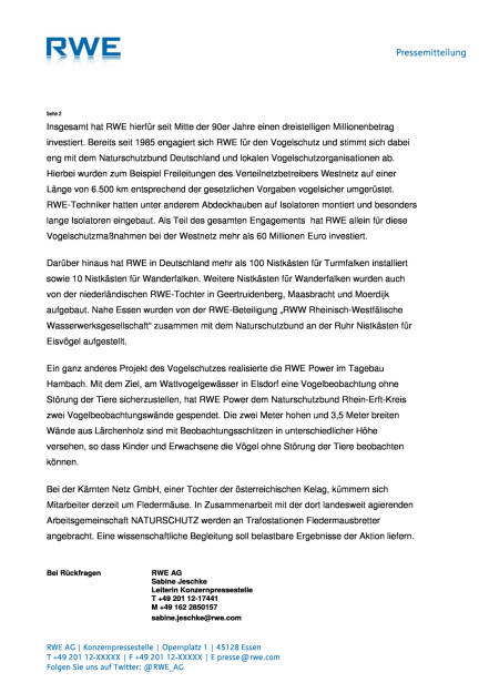 RWE investiert in wirksamen Vogelschutz , Seite 2/2, komplettes Dokument unter http://boerse-social.com/static/uploads/file_1501_rwe_investiert_in_wirksamen_vogelschutz.pdf (27.07.2016) 