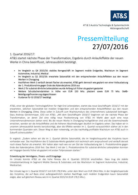 AT&S Presseinformation: Q1 2016/17, Seite 1/4, komplettes Dokument unter http://boerse-social.com/static/uploads/file_1506_ats_presseinformation_q1_201617.pdf (27.07.2016) 