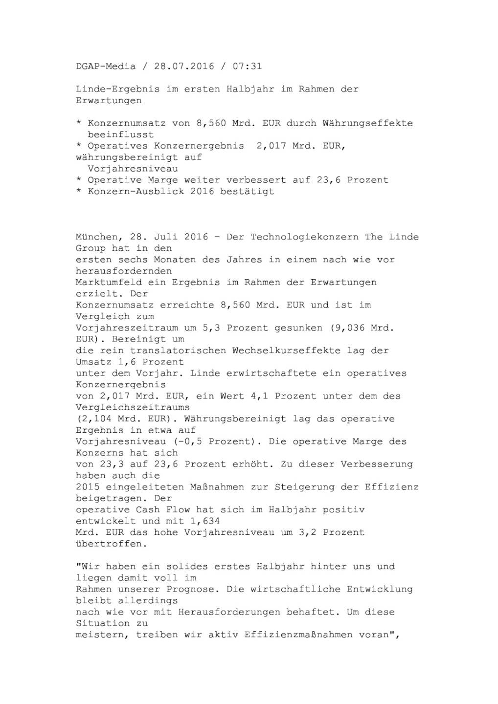 Linde Halbjahresergebnis, Seite 1/6, komplettes Dokument unter http://boerse-social.com/static/uploads/file_1513_linde_halbjahresergebnis.pdf