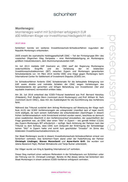 Schönherr: Investitionsschutz-Schiedsverfahren zugunsten der Republik Montenegro , Seite 1/2, komplettes Dokument unter http://boerse-social.com/static/uploads/file_1523_schonherr_investitionsschutz-schiedsverfahren_zugunsten_der_republik_montenegro.pdf (28.07.2016) 