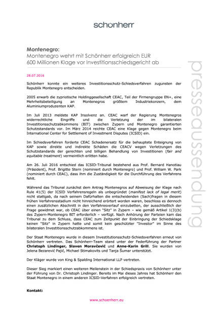 Schönherr: Investitionsschutz-Schiedsverfahren zugunsten der Republik Montenegro , Seite 1/2, komplettes Dokument unter http://boerse-social.com/static/uploads/file_1524_schonherr_investitionsschutz-schiedsverfahren_zugunsten_der_republik_montenegro.pdf (28.07.2016) 