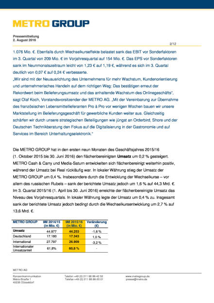 Metro Group: Im 3. Quartal Fortschritte bei der Transformation, Seite 2/12, komplettes Dokument unter http://boerse-social.com/static/uploads/file_1542_metro_group_im_3_quartal_fortschritte_bei_der_transformation.pdf (02.08.2016) 