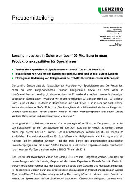 Lenzing investiert in Österreich über 100 Mio. Euro, Seite 1/2, komplettes Dokument unter http://boerse-social.com/static/uploads/file_1554_lenzing_investiert_in_osterreich_uber_100_mio_euro.pdf (02.08.2016) 