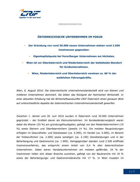 CRIF: Österreichische Unternehmen im Focus, Seite 1/7, komplettes Dokument unter http://boerse-social.com/static/uploads/file_1578_crif_osterreichische_unternehmen_im_focus.pdf (08.08.2016) 