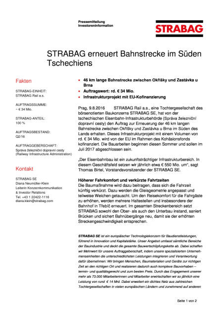 Strabag erneuert Bahnstrecke im Süden Tschechiens, Seite 1/2, komplettes Dokument unter http://boerse-social.com/static/uploads/file_1587_strabag_erneuert_bahnstrecke_im_suden_tschechiens.pdf (09.08.2016) 