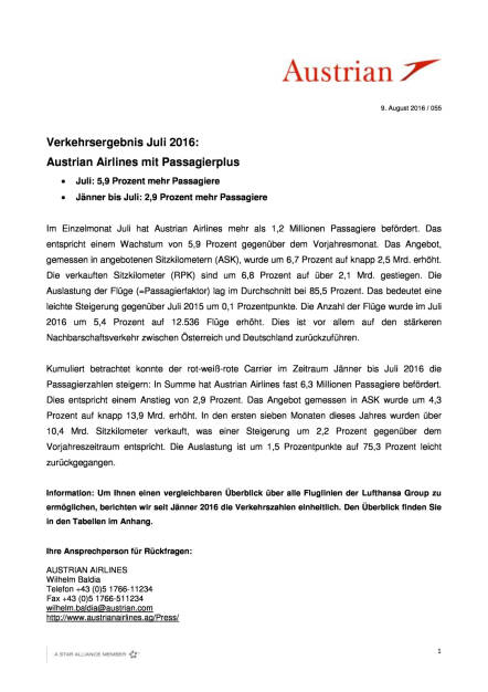 Austrian Airlines: Verkehrsergebnis Juli 2016, Seite 1/3, komplettes Dokument unter http://boerse-social.com/static/uploads/file_1588_austrian_airlines_verkehrsergebnis_juli_2016.pdf (09.08.2016) 