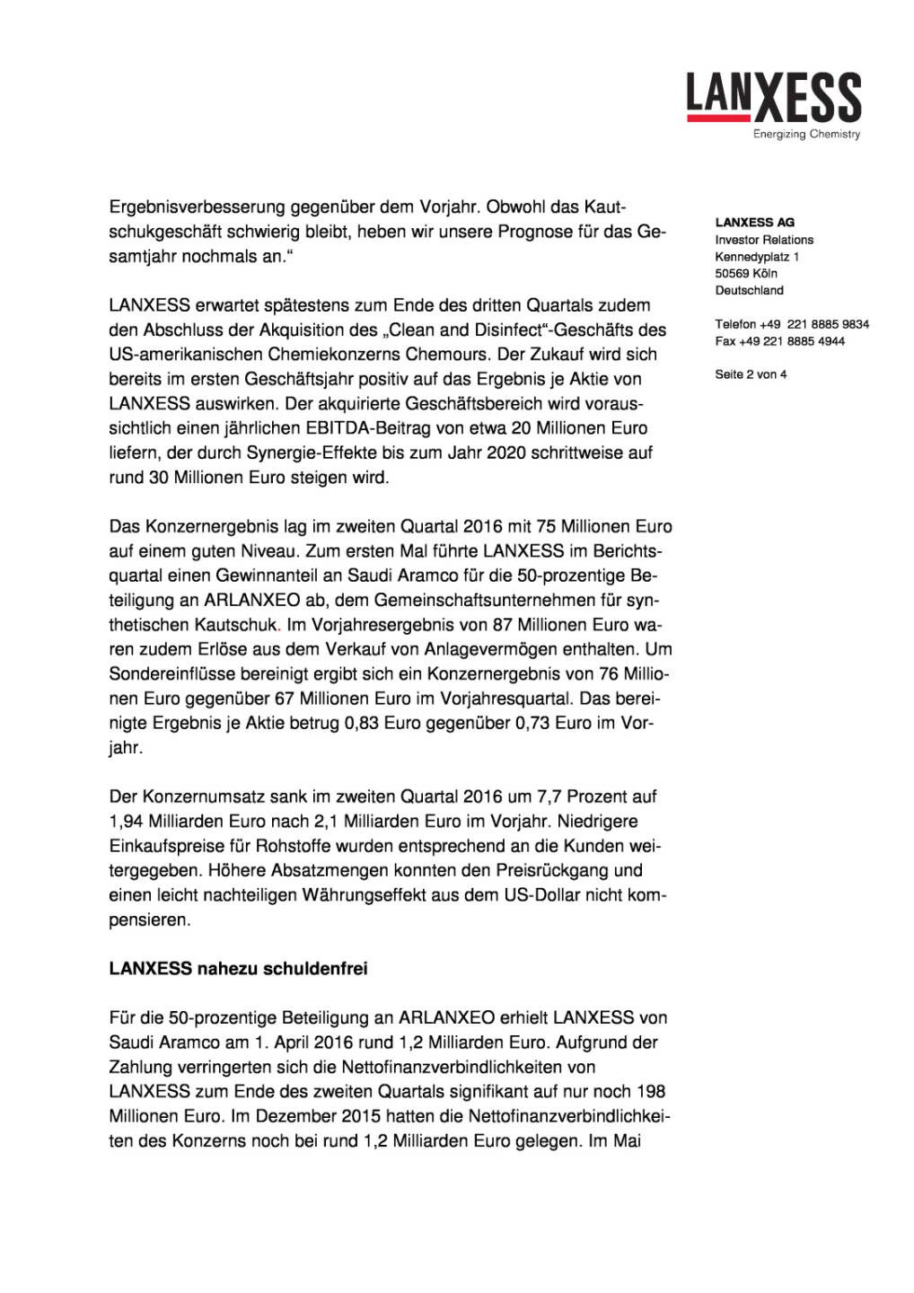 Lanxess erhöht Ergebnisprognose für 2016, Seite 2/4, komplettes Dokument unter http://boerse-social.com/static/uploads/file_1592_lanxess_erhoht_ergebnisprognose_fur_2016.pdf