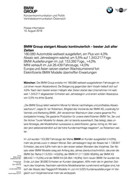 BMW Group: Vertriebsmeldung Juli 2016, Seite 1/4, komplettes Dokument unter http://boerse-social.com/static/uploads/file_1599_bmw_group_vertriebsmeldung_juli_2016.pdf (10.08.2016) 