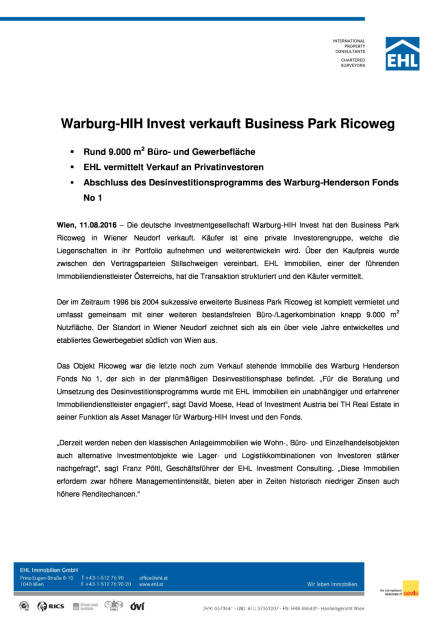 EHL Immobilien: Warburg-HIH Invest verkauft Businesspark Ricoweg, Seite 1/2, komplettes Dokument unter http://boerse-social.com/static/uploads/file_1611_ehl_immobilien_warburg-hih_invest_verkauft_businesspark_ricoweg.pdf (11.08.2016) 