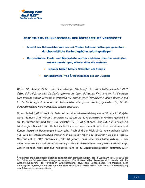 CRIF: Zahlungsverhalten Konsumenten, Seite 1/4, komplettes Dokument unter http://boerse-social.com/static/uploads/file_1646_crif_zahlungsverhalten_konsumenten.pdf (22.08.2016) 