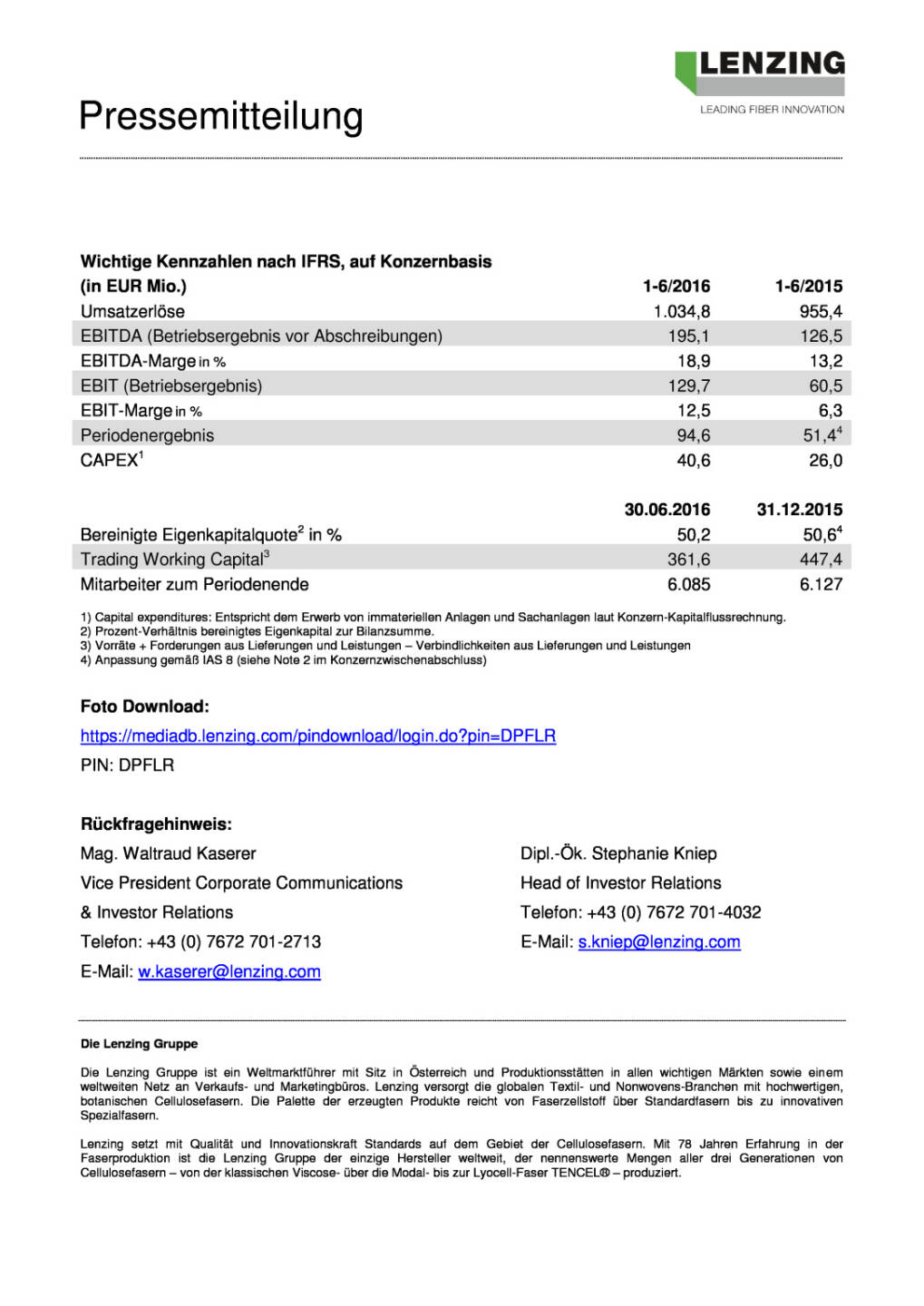 Lenzing Gruppe: 1.Halbjahr 2016, Seite 3/4, komplettes Dokument unter http://boerse-social.com/static/uploads/file_1656_lenzing_gruppe_1halbjahr_2016.pdf