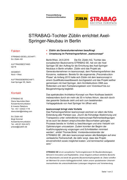 Strabag-Tochter Züblin errichtet Axel-Springer-Neubau in Berlin, Seite 1/2, komplettes Dokument unter http://boerse-social.com/static/uploads/file_1664_strabag-tochter_zublin_errichtet_axel-springer-neubau_in_berlin.pdf (24.08.2016) 