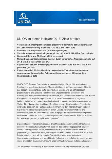 Uniqa im ersten Halbjahr 2016: Ziele erreicht, Seite 1/4, komplettes Dokument unter http://boerse-social.com/static/uploads/file_1672_uniqa_im_ersten_halbjahr_2016_ziele_erreicht.pdf (25.08.2016) 