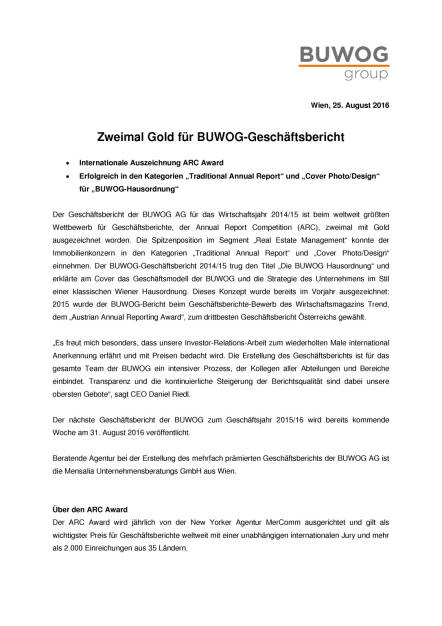 Buwog: Zweimal Gold für Geschäftsbericht, Seite 1/2, komplettes Dokument unter http://boerse-social.com/static/uploads/file_1675_buwog_zweimal_gold_fur_geschaftsbericht.pdf (25.08.2016) 