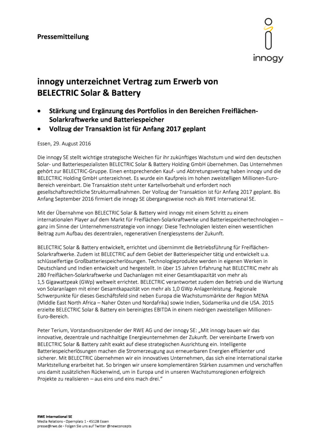 RWE: innogy unterzeichnet Vertrag zum Erwerb von Belectric Solar & Battery, Seite 1/2, komplettes Dokument unter http://boerse-social.com/static/uploads/file_1682_rwe_innogy_unterzeichnet_vertrag_zum_erwerb_von_belectric_solar_battery.pdf