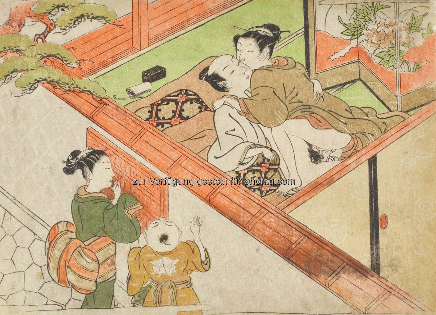 Isoda Koryūsai (1735–1790) Liebespaar mit jungen Zusehern, um 1775 Farbholzschnitt : MAK zeigt Shunga. Erotische Kunst aus Japan : Fotocredit: ©Leopold Privatsammlung, Wien/MAK/Georg Mayer