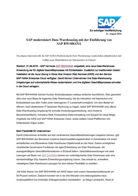SAP modernisiert Data Warehousing, Seite 1/4, komplettes Dokument unter http://boerse-social.com/static/uploads/file_1697_sap_modernisiert_data_warehousing.pdf (31.08.2016) 
