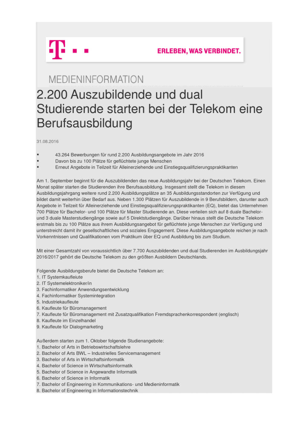Deutsche Telekom: 2.200 Auszubildende und dual Studierende starten eine Berufsausbildung, Seite 1/2, komplettes Dokument unter http://boerse-social.com/static/uploads/file_1699_deutsche_telekom_2200_auszubildende_und_dual_studierende_starten_eine_berufsausbildung.pdf
