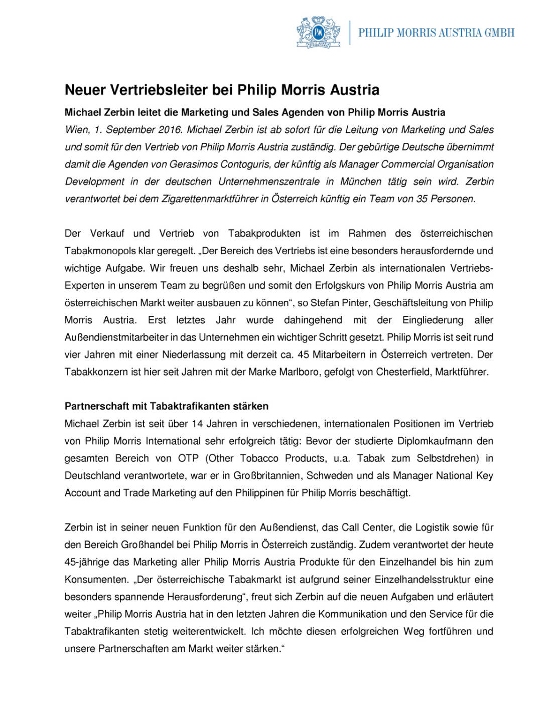 Philip Morris Austria: Michael Zerbin ist neuer Vertriebsleiter, Seite 1/2, komplettes Dokument unter http://boerse-social.com/static/uploads/file_1703_philip_morris_austria_michael_zerbin_ist_neuer_vertriebsleiter.pdf