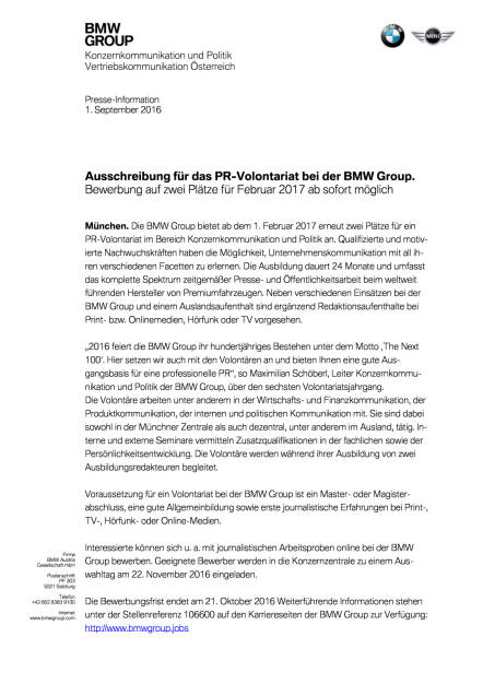 BMW Group: PR-Volontariat, Seite 1/2, komplettes Dokument unter http://boerse-social.com/static/uploads/file_1709_bmw_group_pr-volontariat.pdf (02.09.2016) 
