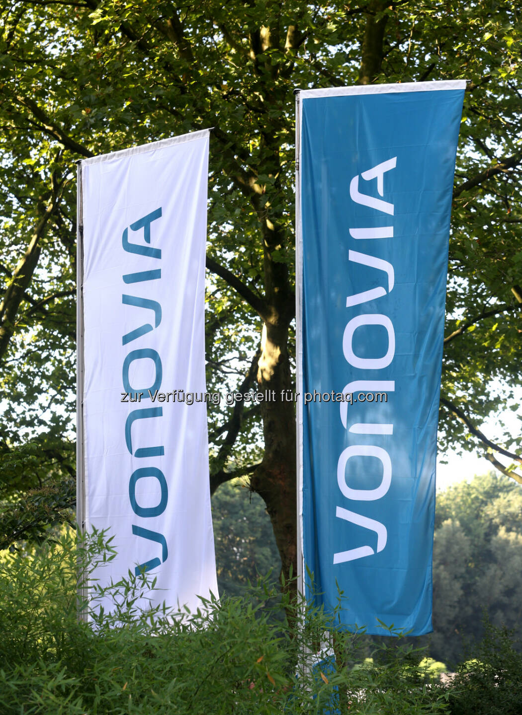 Flaggen vorm Hauptgebäude von Vonovia in Düsseldorf (Nordrhein-Westfalen). (Foto:  Roland Weihrauch/dpa - https://www.vonovia.de/Ueber-Vonovia/Presse/Mediathek )