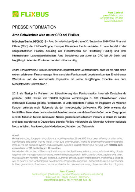 FlixBus: Arnd Schwierholz wird neuer CFO, Seite 1/2, komplettes Dokument unter http://boerse-social.com/static/uploads/file_1738_flixbus_arnd_schwierholz_wird_neuer_cfo.pdf (06.09.2016) 