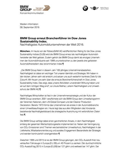 BMW Group erneut Branchenführer im Dow Jones Sustainability Index, Seite 1/3, komplettes Dokument unter http://boerse-social.com/static/uploads/file_1747_bmw_group_erneut_branchenfuhrer_im_dow_jones_sustainability_index.pdf (08.09.2016) 