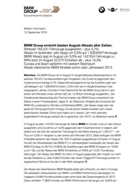 BMW Group: Vertriebsmeldung August 2016, Seite 1/4, komplettes Dokument unter http://boerse-social.com/static/uploads/file_1769_bmw_group_vertriebsmeldung_august_2016.pdf (13.09.2016) 