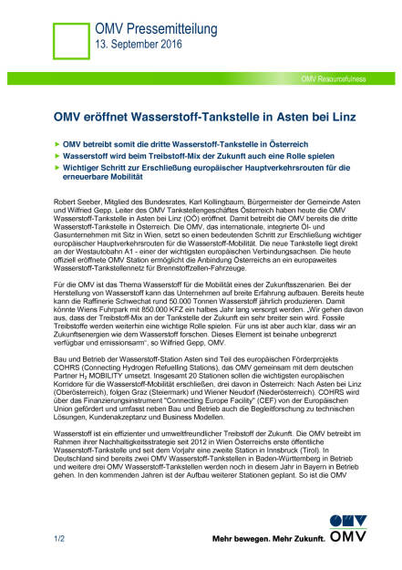 OMV eröffnet Wasserstoff-Tankstelle in Asten bei Linz, Seite 1/2, komplettes Dokument unter http://boerse-social.com/static/uploads/file_1771_omv_eröffnet_wasserstoff-tankstelle_in_asten_bei_linz.pdf (13.09.2016) 