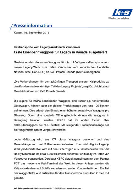 K+S AG: Eisenbahnwaggons für Legacy in Kanada ausgeliefert, Seite 1/2, komplettes Dokument unter http://boerse-social.com/static/uploads/file_1778_ks_ag_eisenbahnwaggons_fur_legacy_in_kanada_ausgeliefert.pdf (16.09.2016) 