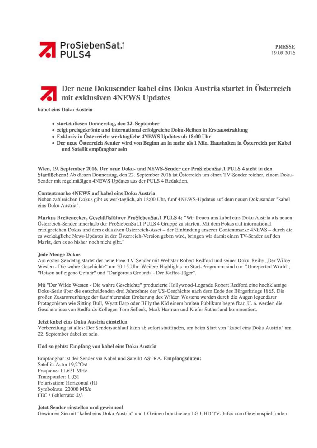 ProSiebenSat.1Puls4: Neuer Dokusender kabel eins Doku Austria, Seite 1/3, komplettes Dokument unter http://boerse-social.com/static/uploads/file_1793_prosiebensat1puls4_neuer_dokusender_kabel_eins_doku_austria.pdf