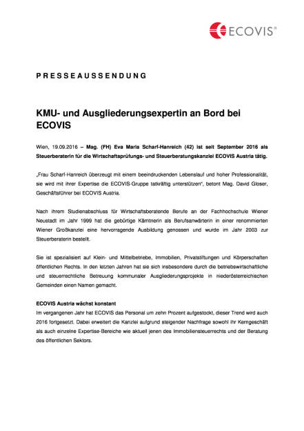 Ecovis: KMU- und Ausgliederungsexpertin an Bord, Seite 1/2, komplettes Dokument unter http://boerse-social.com/static/uploads/file_1796_ecovis_kmu-_und_ausgliederungsexpertin_an_bord.pdf (19.09.2016) 