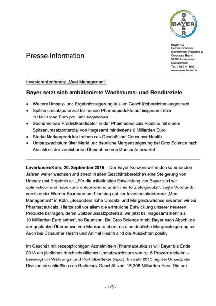 Bayer: Investorenkonferenz „Meet Management“, Seite 1/5, komplettes Dokument unter http://boerse-social.com/static/uploads/file_1797_bayer_investorenkonferenz_meet_management.pdf (20.09.2016) 