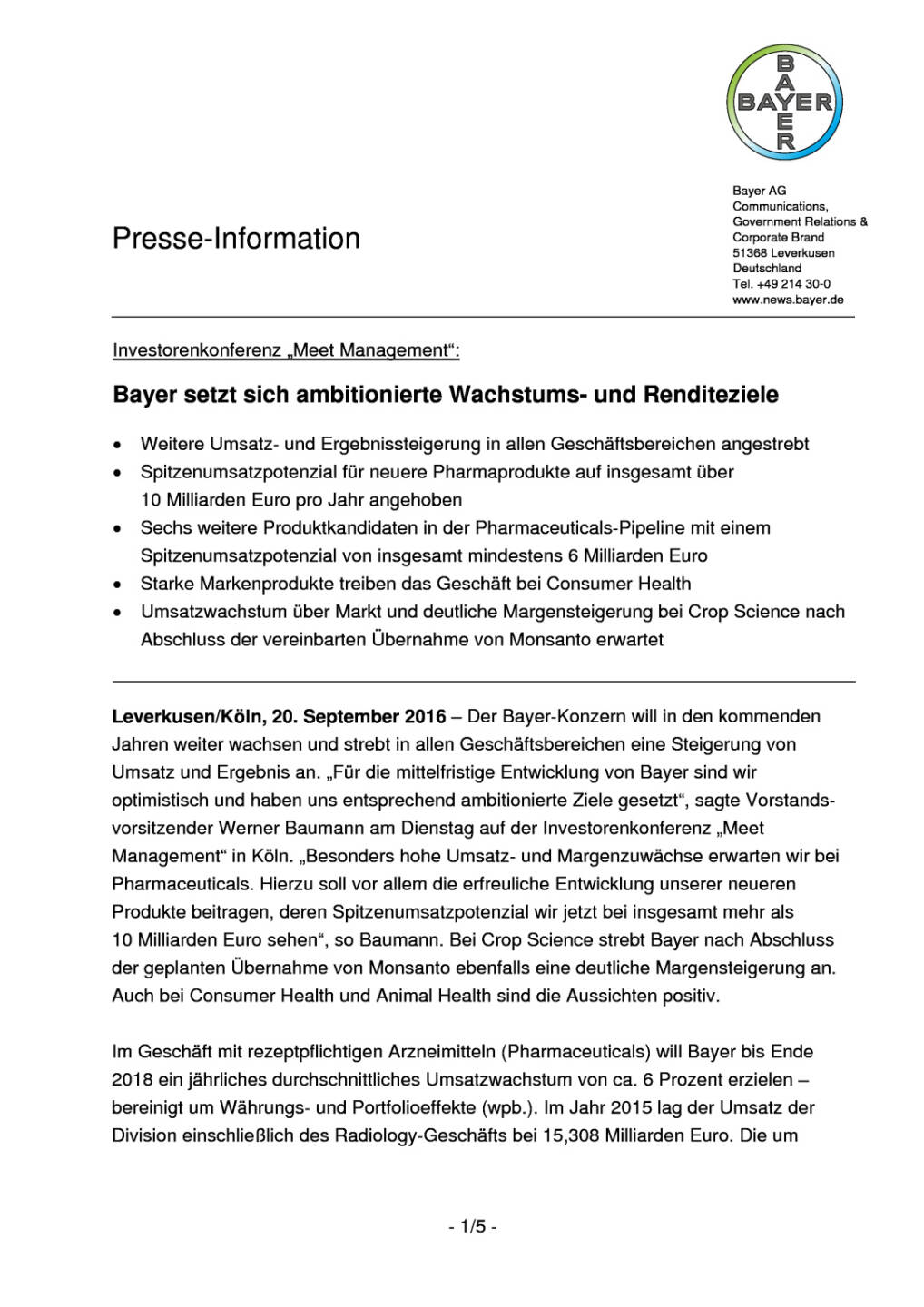 Bayer: Investorenkonferenz „Meet Management“, Seite 1/5, komplettes Dokument unter http://boerse-social.com/static/uploads/file_1797_bayer_investorenkonferenz_meet_management.pdf