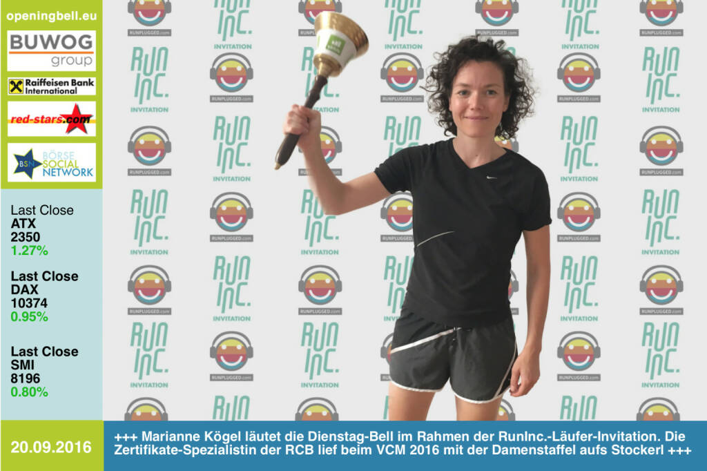 #openingbell am 20.9.: Marianne Kögel läutet die Opening Bell für Dienstag im Rahmen der RunInc.-Läufer-Invitation. Die Zertifikate-Spezialistin der RCB lief beim VCM 2016 mit der Damenstaffel aufs Stockerl, am vergangenen Wochenende war sie fünfbeste Frau beim Halbmarathon am Stubenbergsee, 2. AK, siehe http://photaq.com/page/index/2348 http://www.rcb.at http://www.runinc.at http://www.runplugged.com http://www.openingbell.eu (20.09.2016) 