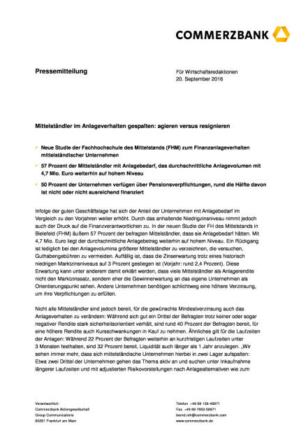 Commerzbank: Anlageverhalten Mittelständler, Seite 1/3, komplettes Dokument unter http://boerse-social.com/static/uploads/file_1800_commerzbank_anlageverhalten_mittelstandler.pdf (20.09.2016) 