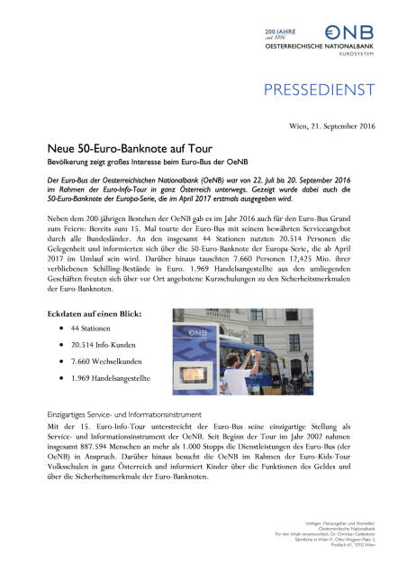 OeNB: Neue 50-Euro-Banknote auf Tour, Seite 1/2, komplettes Dokument unter http://boerse-social.com/static/uploads/file_1811_oenb_neue_50-euro-banknote_auf_tour.pdf (21.09.2016) 