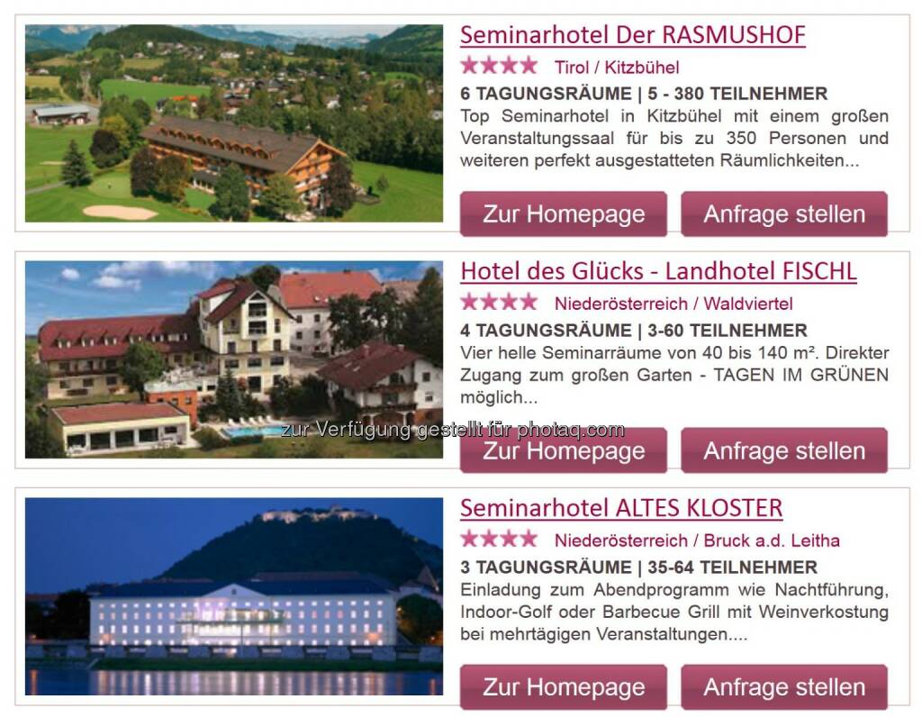 Screenshot ePortal Seminar- und Tagungshotels in Österreich : Neues ePortal für Seminar- und Tagungshotels in Österreich : Leistungsorientierte Verrechnung ohne Vertragsbindung : Fotocredit: e-consulting.at/Jungwirth, © Aussendung (22.09.2016) 