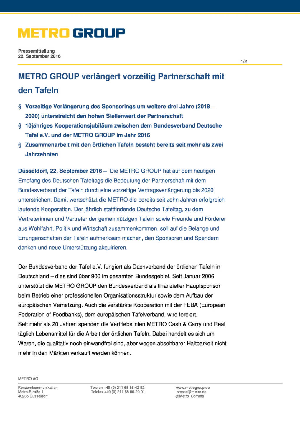 Metro Group: Partnerschaft mit Bundesverband Deutsche Tafel, Seite 1/2, komplettes Dokument unter http://boerse-social.com/static/uploads/file_1819_metro_group_partnerschaft_mit_bundesverband_deutsche_tafel.pdf