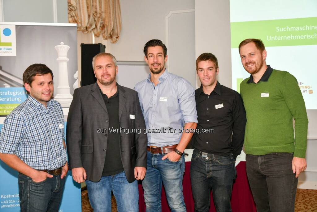 Werner Aschenbrenner (Lorem Ipsum web.solutions GmbH), Oliver Hauser (get on top gmbh), Martin Höllinger (mahoom.at), Markus Unterweger (pewag international group), Karl Kowald (Lorem Ipsum web.solutions GmbH) : SEO aus der Praxis für die Praxis : Veranstaltungsreihe „Online Marketing Impulse“ - Thema Suchmaschinenoptimierung (SEO) – ein essenzieller Bestandteil effektiver Webauftritte : Fotocredit: APA-OTS/Fotoservice/Jamnig, © Aussender (22.09.2016) 