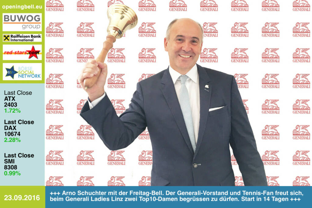 #openingbell am 23.9.: Arno Schuchter mit der Opening Bell für Freitag. Der Generali-Vorstand und Tennis-Fan freut sich, beim Generali Ladies Linz zwei Top10-Damen begrüssen zu dürfen. Start in 14 Tagen http://www.generali-ladies.at https://twitter.com/kapliskova https://twitter.com/carlasuareznava http://www.generali.at http://www.openingbell.eu (23.09.2016) 