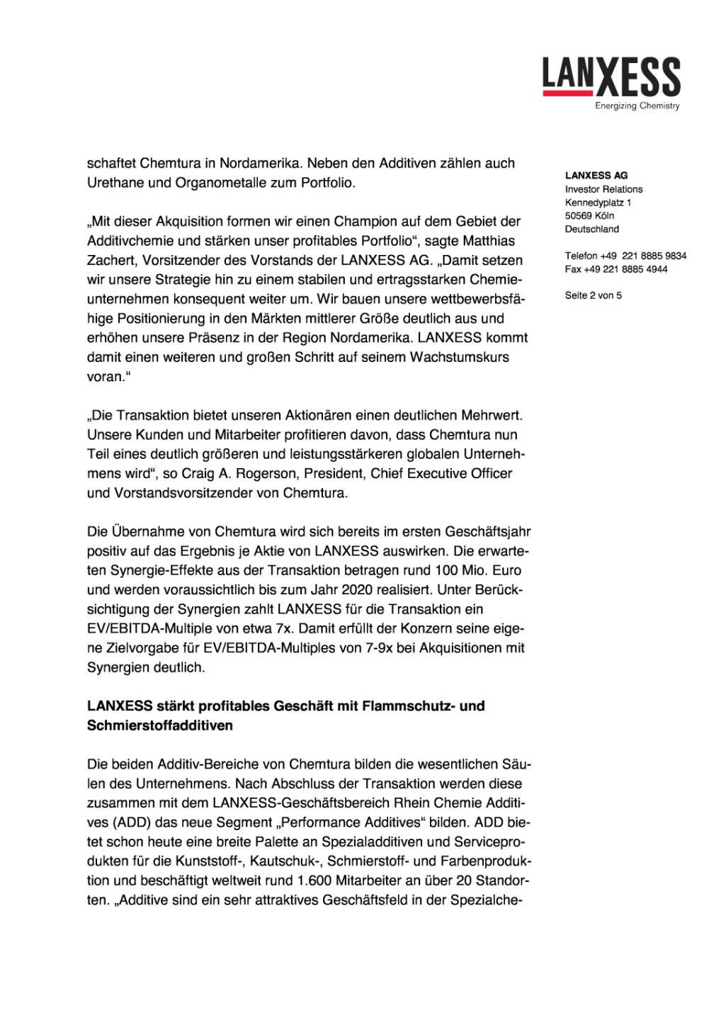 Lanxess plant Übernahme von Chemtura, Seite 2/5, komplettes Dokument unter http://boerse-social.com/static/uploads/file_1828_lanxess_plant_übernahme_von_chemtura.pdf